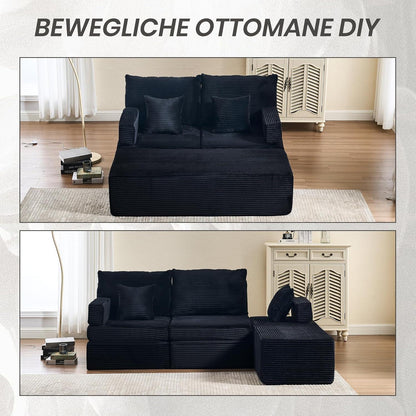 Verwandlungssofa mit Fußhocker – Ecksofa, Doppelsofa, Schwarz