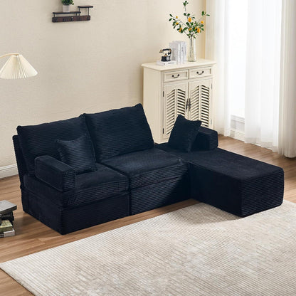Verwandlungssofa mit Fußhocker – Ecksofa, Doppelsofa, Schwarz