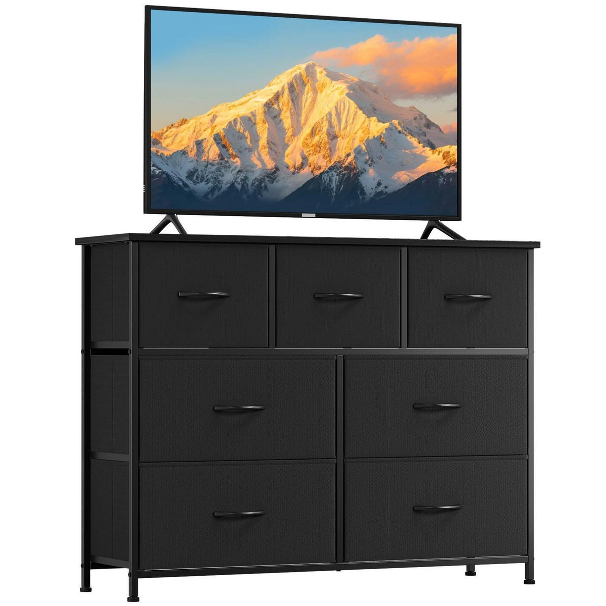 Kommode mit 7 Stoffschubladen – Schwarz, 100x30x77 cm