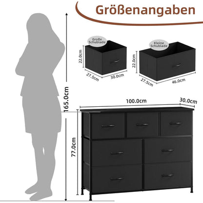 Kommode mit 7 Stoffschubladen – Schwarz, 100x30x77 cm