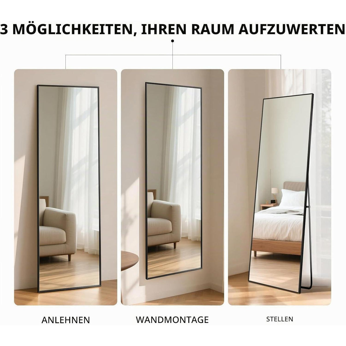 Stehender Ganzkörperspiegel Schwarz 152x42cm mit Sicherheitsglas