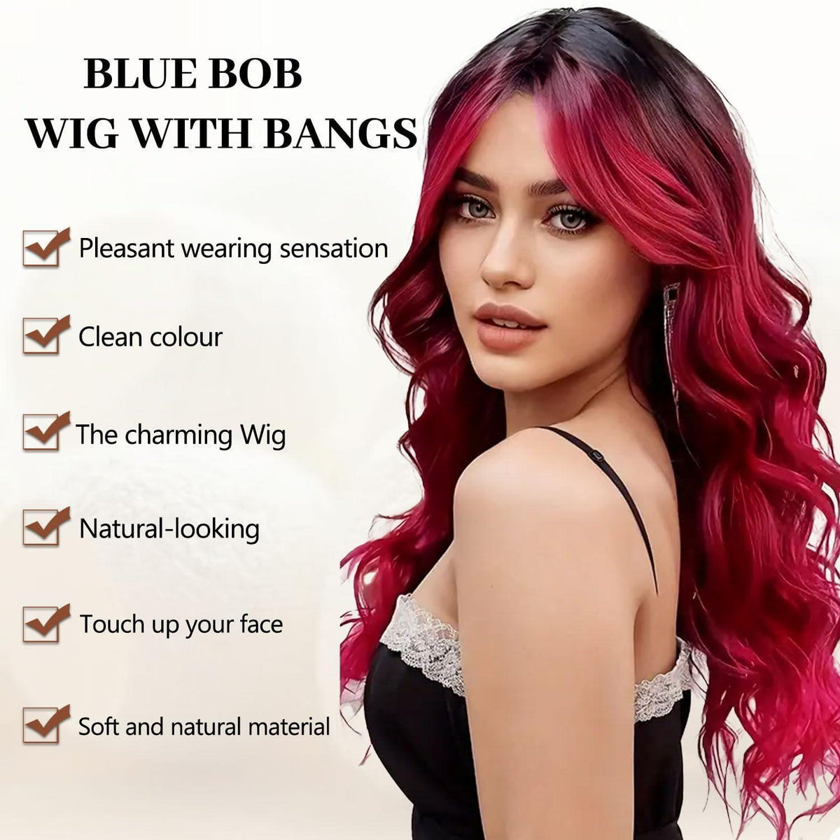 Lange Schwarz-Rote Ombre Locken Perücke – Natürliches Aussehen