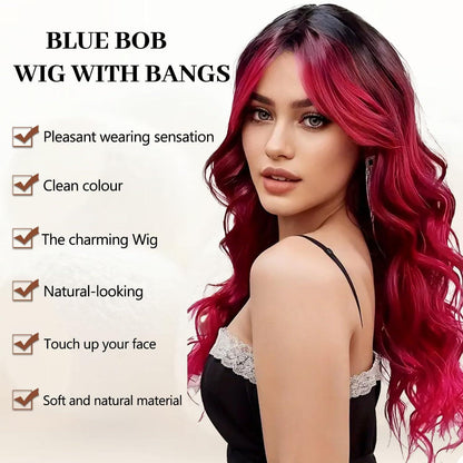 Lange Schwarz-Rote Ombre Locken Perücke – Natürliches Aussehen