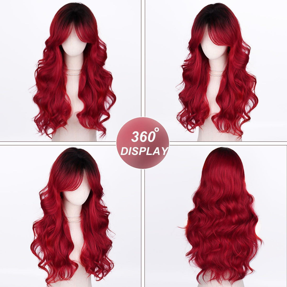 Lange Schwarz-Rote Ombre Locken Perücke – Natürliches Aussehen
