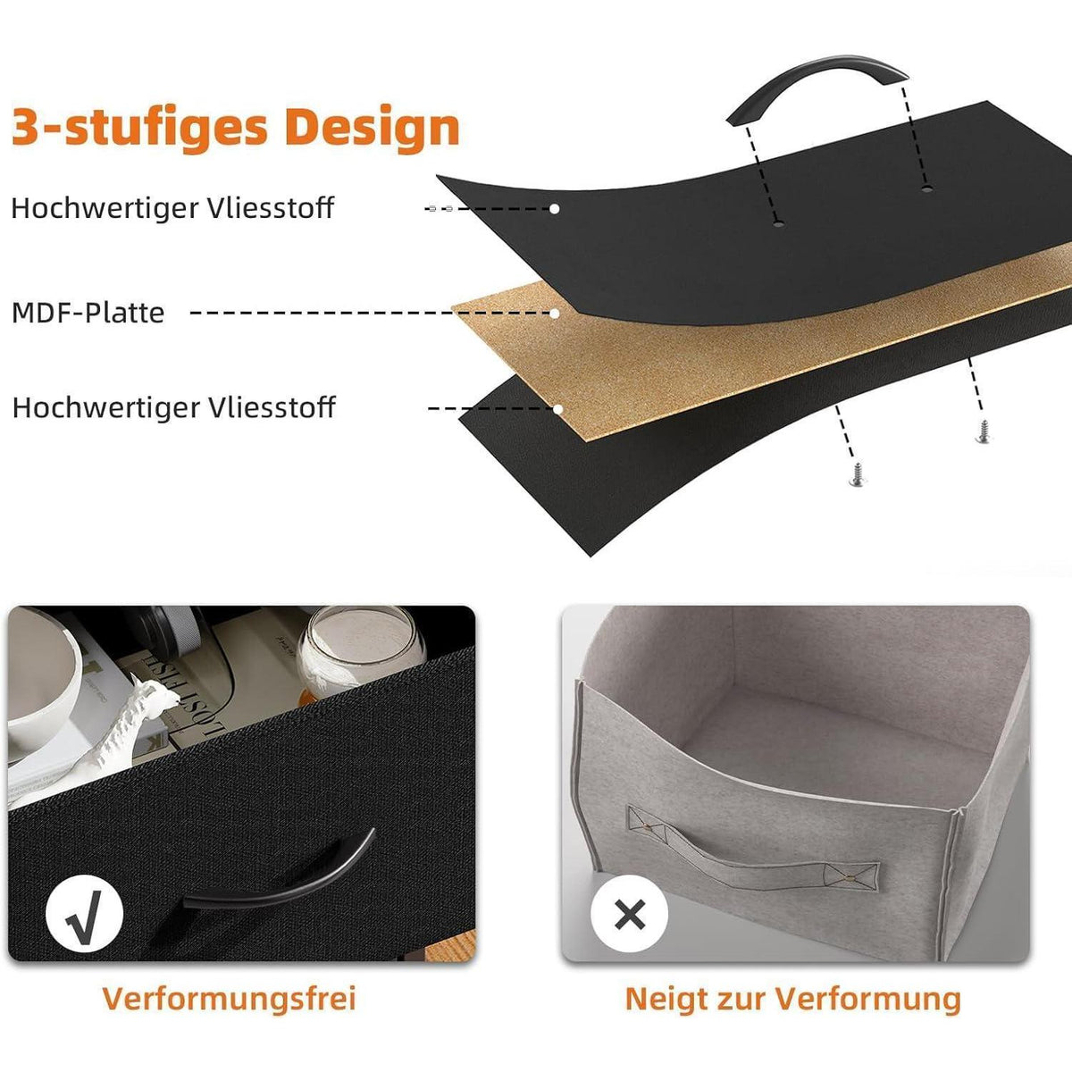 Kommode mit 8 Stoffschubladen – Schwarz, 30x80x93 cm