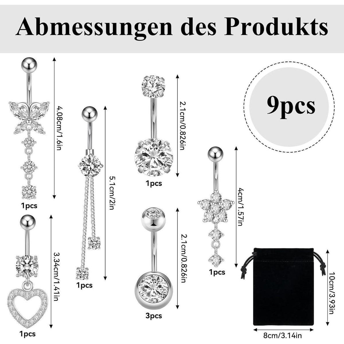 8er-Set Bauchnabelpiercing Edelstahl Zirkonia mit Anhängern 14G