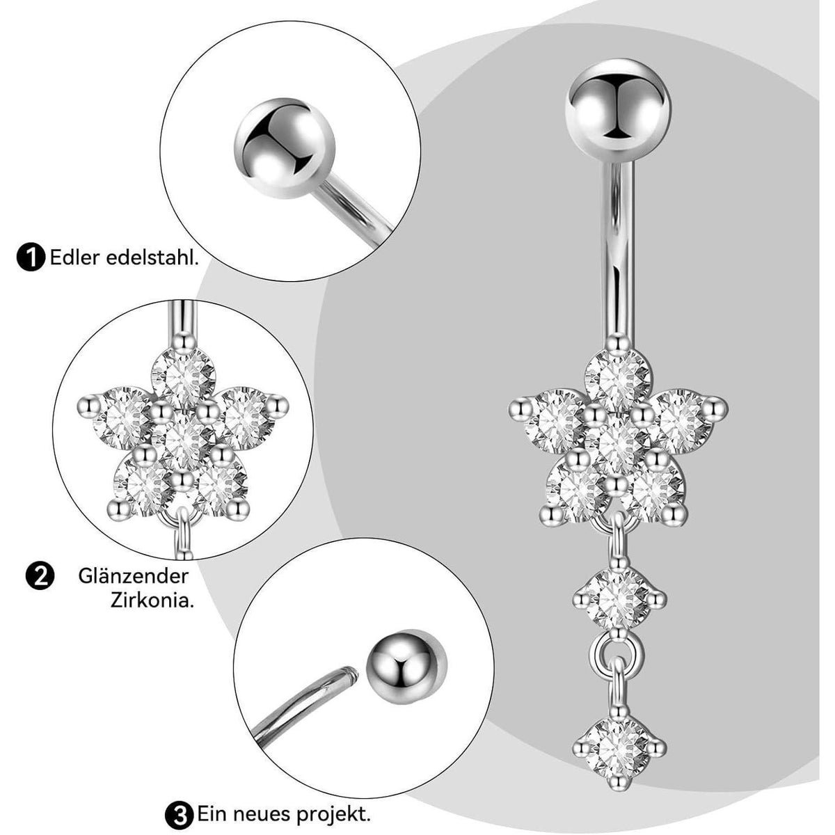 8er-Set Bauchnabelpiercing Edelstahl Zirkonia mit Anhängern 14G