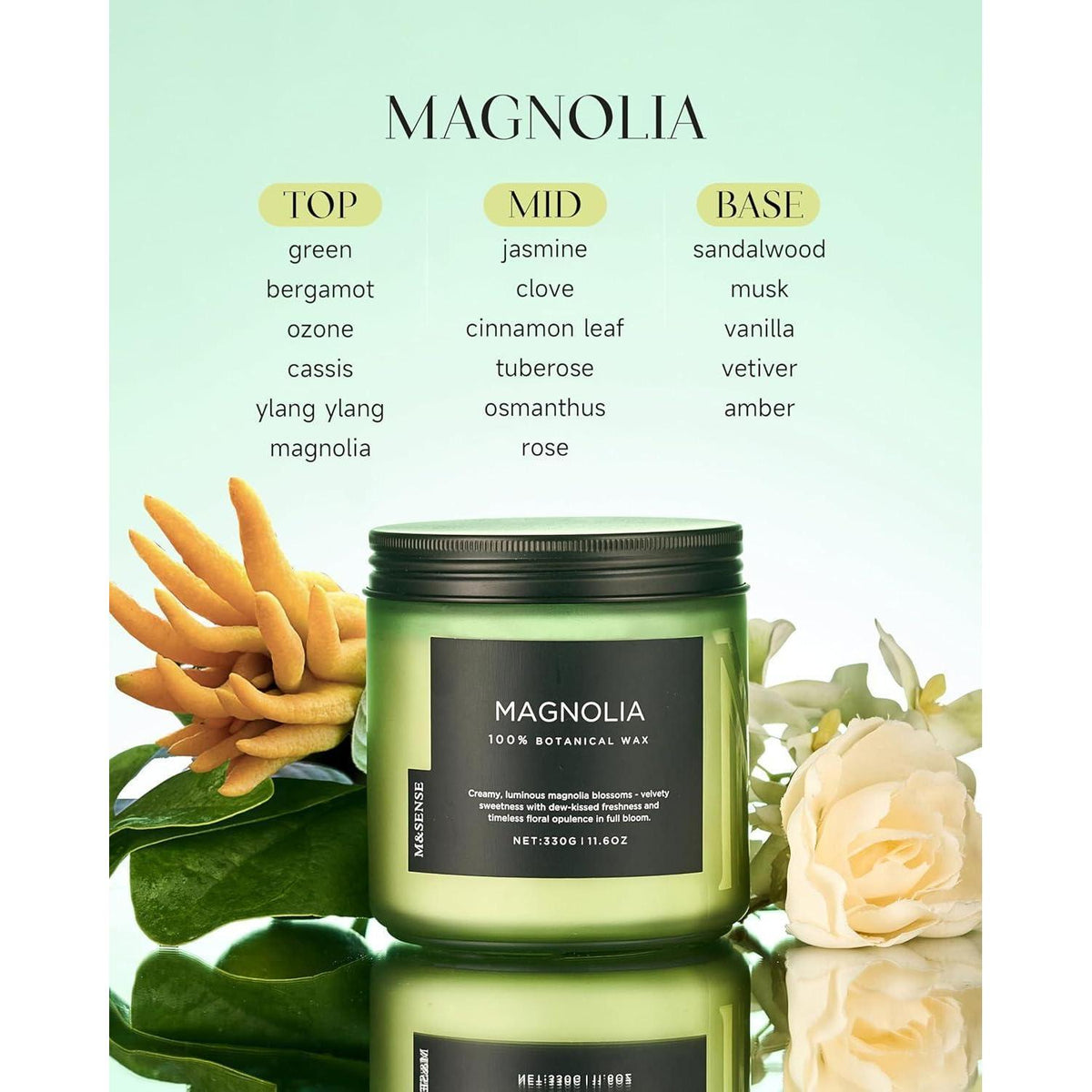 Duftkerze Magnolia Jasmin 330g Sojawachs 70h 2-Docht