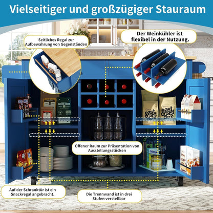 Kücheninsel blau mit Stauraum & Rollen – 102x45x92cm