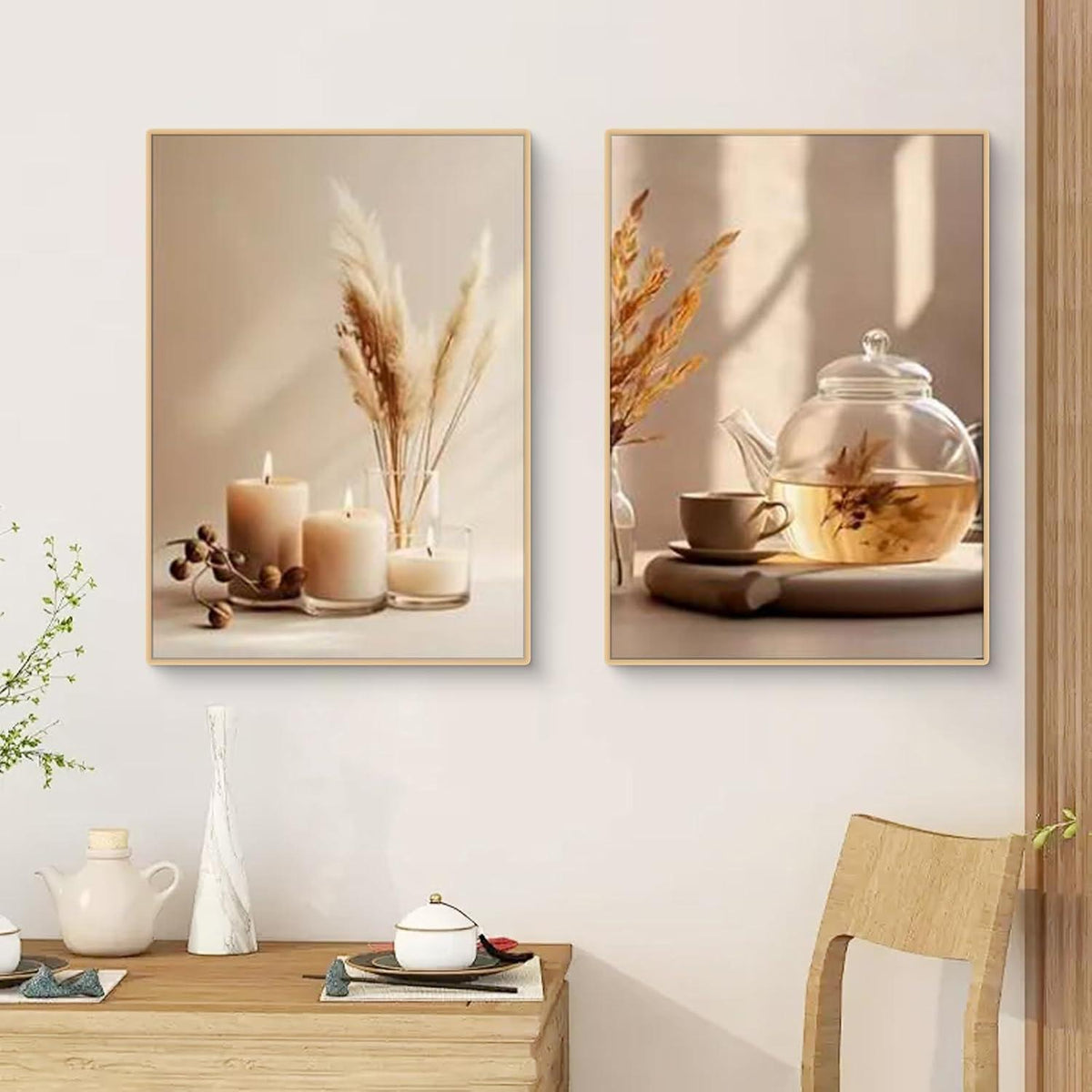 3er Set Boho Bilder Wanddeko Beige Blumen Poster 50x70cm