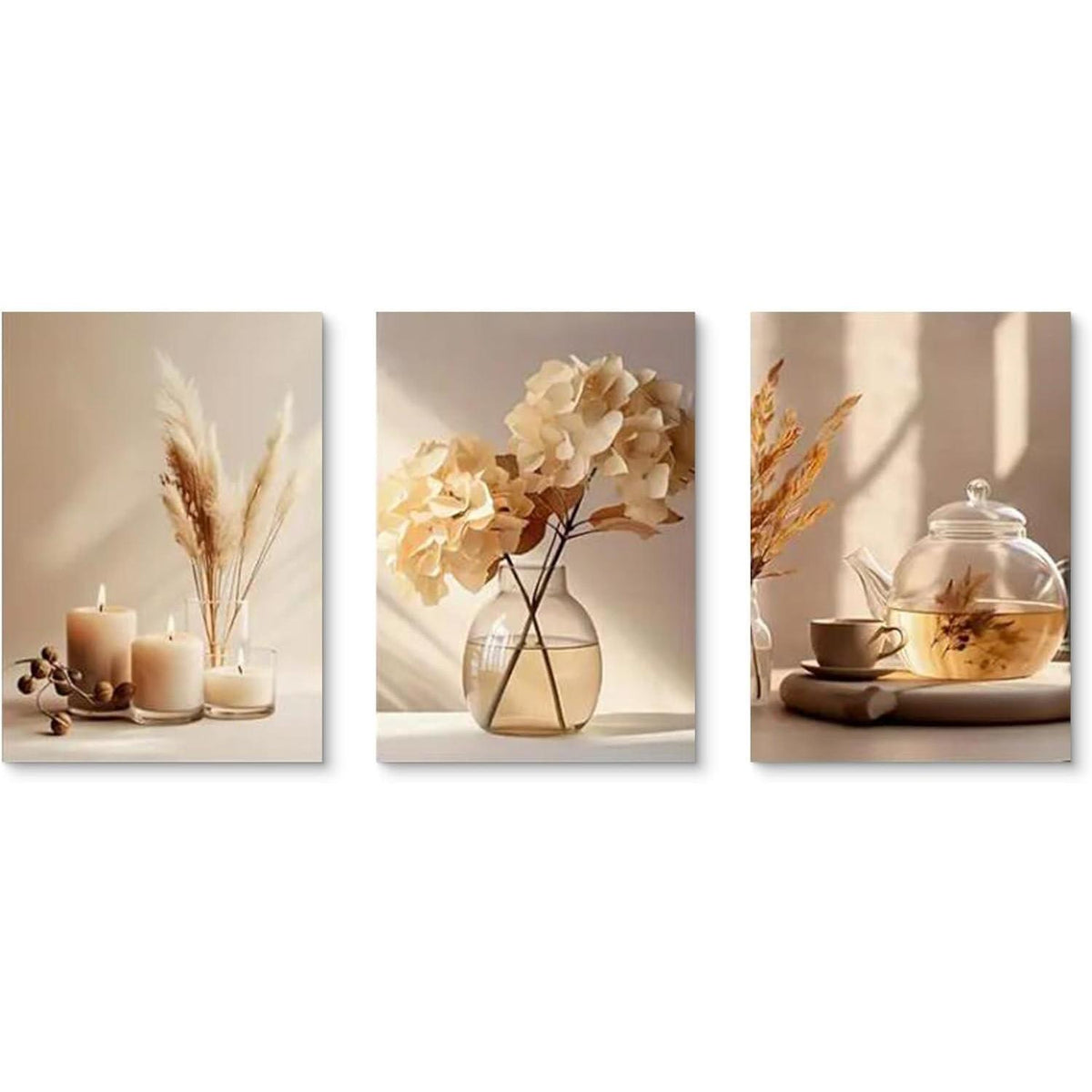 3er Set Boho Bilder Wanddeko Beige Blumen Poster 50x70cm
