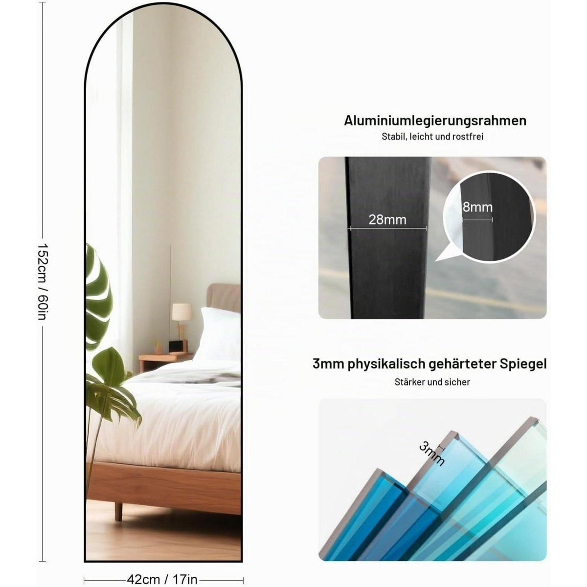 Ganzkörperspiegel Bogen Schwarz 152x42cm – Stand-, Wand- & Anlehnspiegel