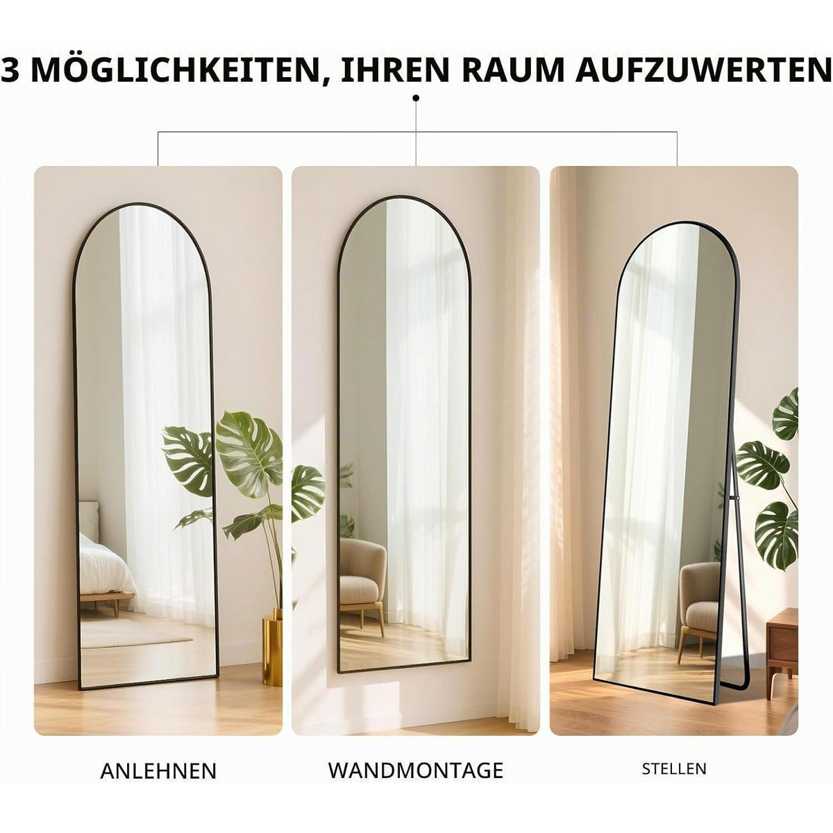 Ganzkörperspiegel Bogen Schwarz 152x42cm – Stand-, Wand- & Anlehnspiegel