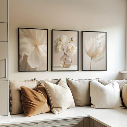 3er Set Boho Bilder Wanddeko Beige Blumen Poster 50x70cm
