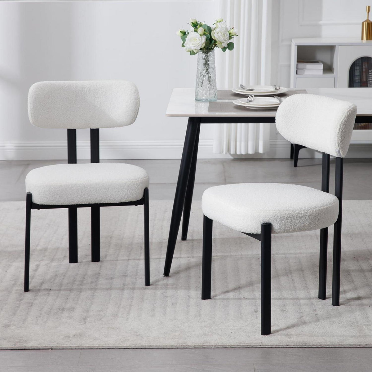 Ya-Home Esszimmerstühle 2er Set, Runde Boucle Stühle Weiß