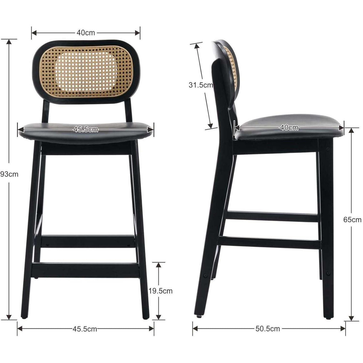 Barhocker Set 2er – Holz mit Rattan Rücklehne in Lederoptik