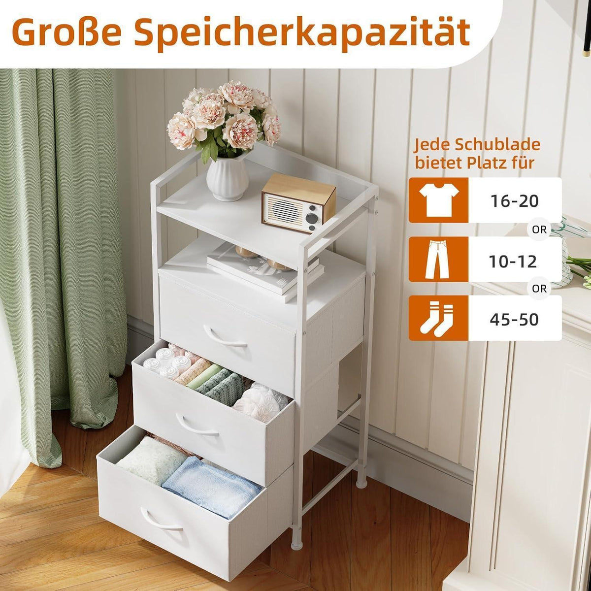 Somdot Kommode mit 3 Stoffschubladen, Weiß