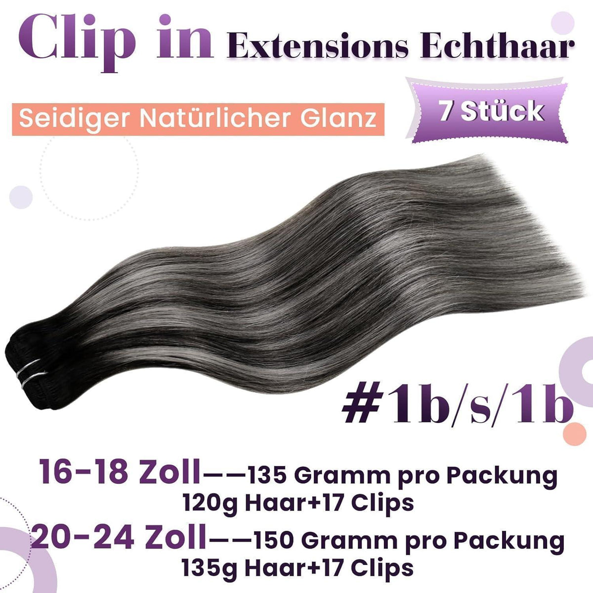 Echthaar Clip-in Extensions Schwarz Silber Ombre 40cm