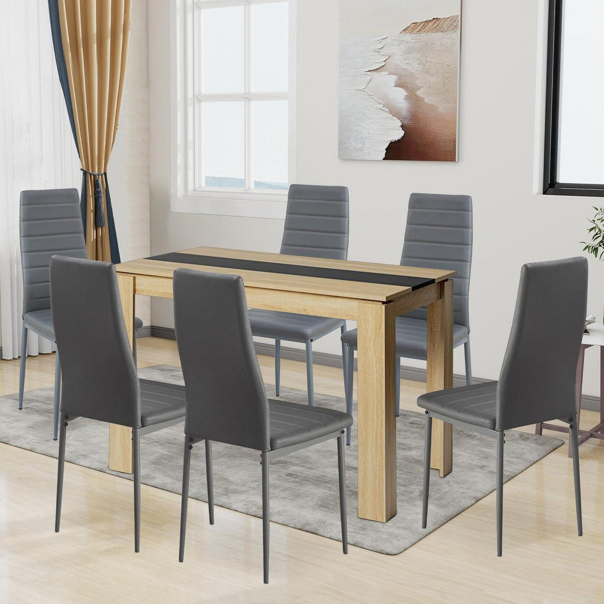 Esszimmergruppe 6 Personen – Holztisch & Dunkelgraue Stühle