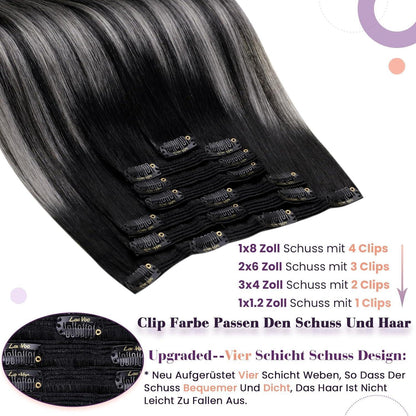 Echthaar Clip-in Extensions Schwarz Ombre Silber 45cm