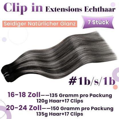 Echthaar Clip-in Extensions Schwarz Ombre Silber 45cm