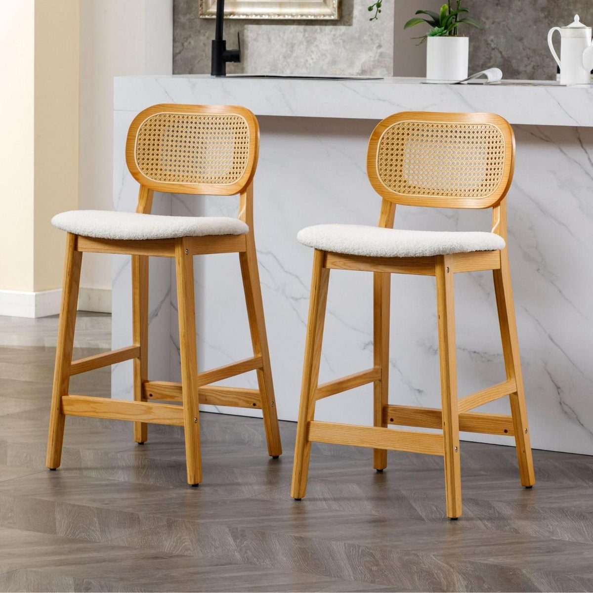 Barhocker Set 2er – Holz & Rattan, Beige