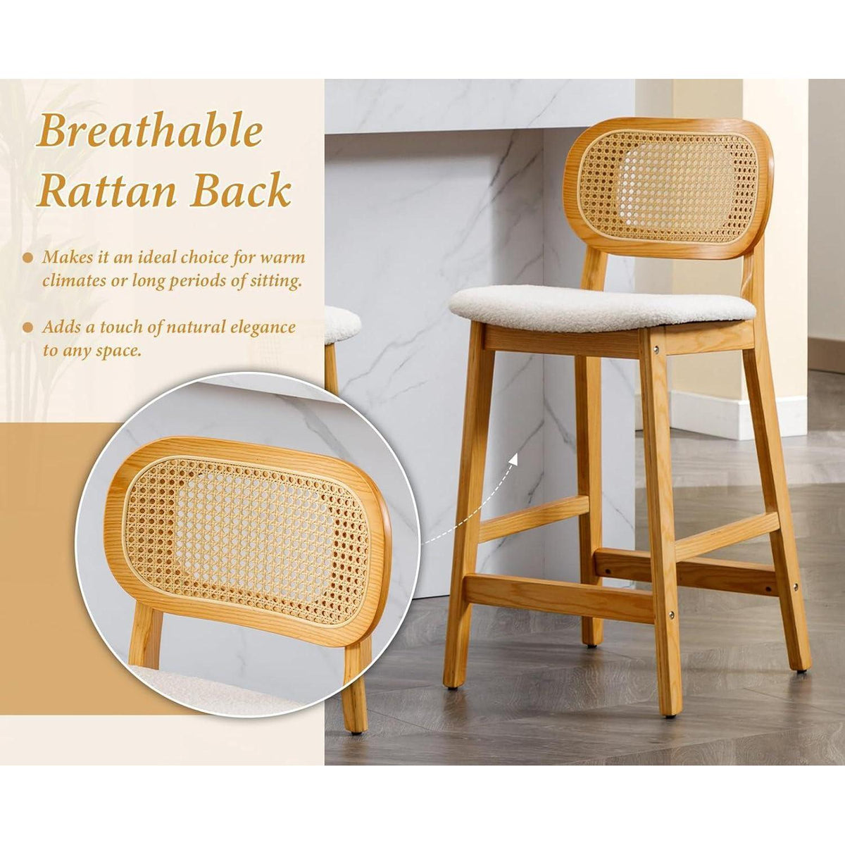 Barhocker Set 2er – Holz & Rattan, Beige