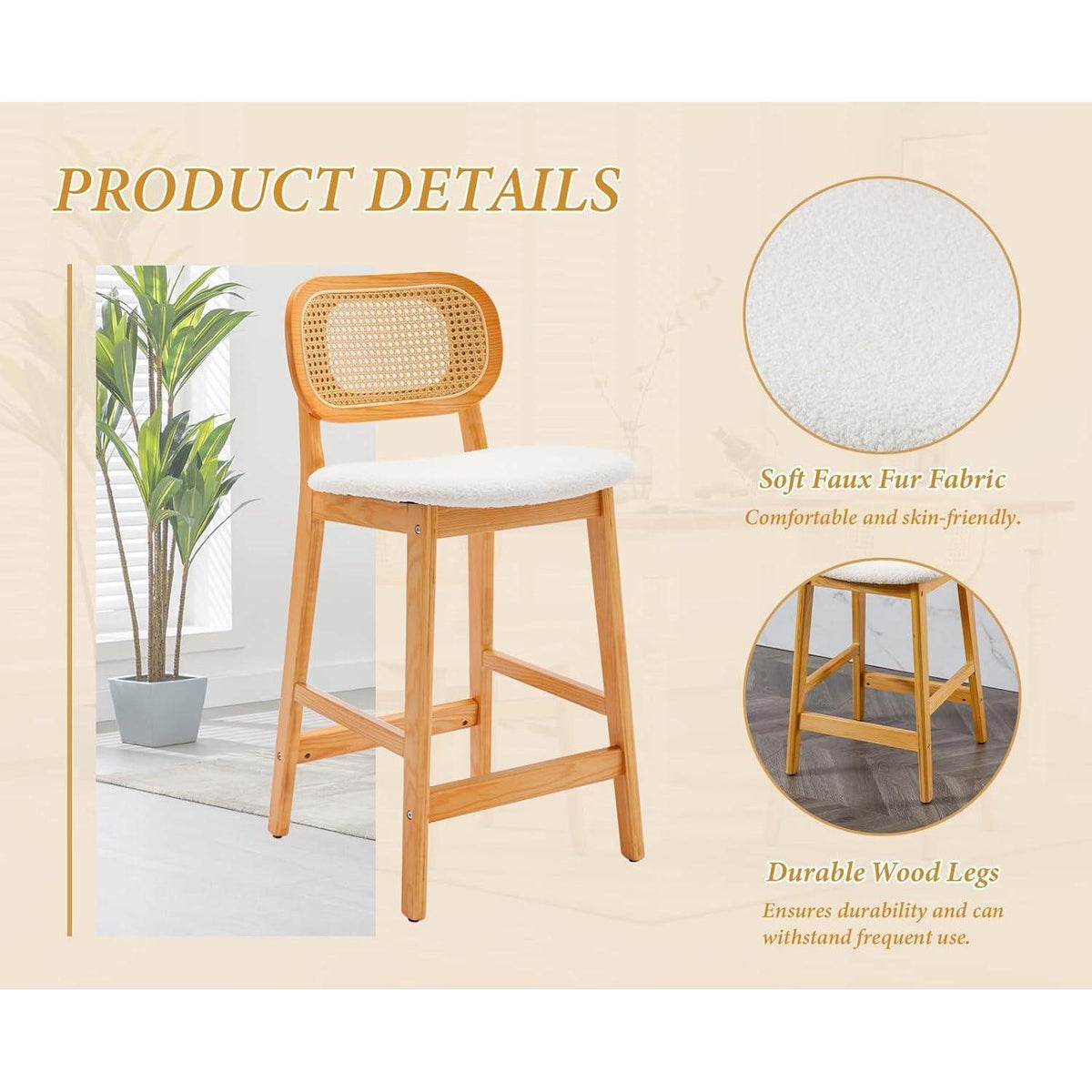 Barhocker Set 2er – Holz & Rattan, Beige