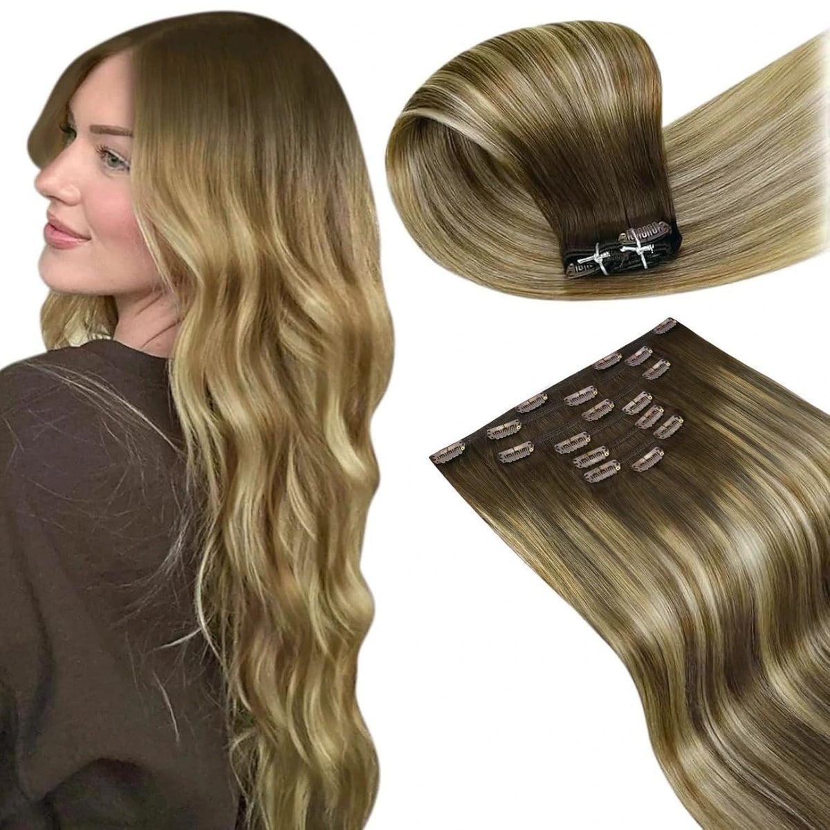 Clip-in Haarverlängerung Braun Blond Balayage Echthaar