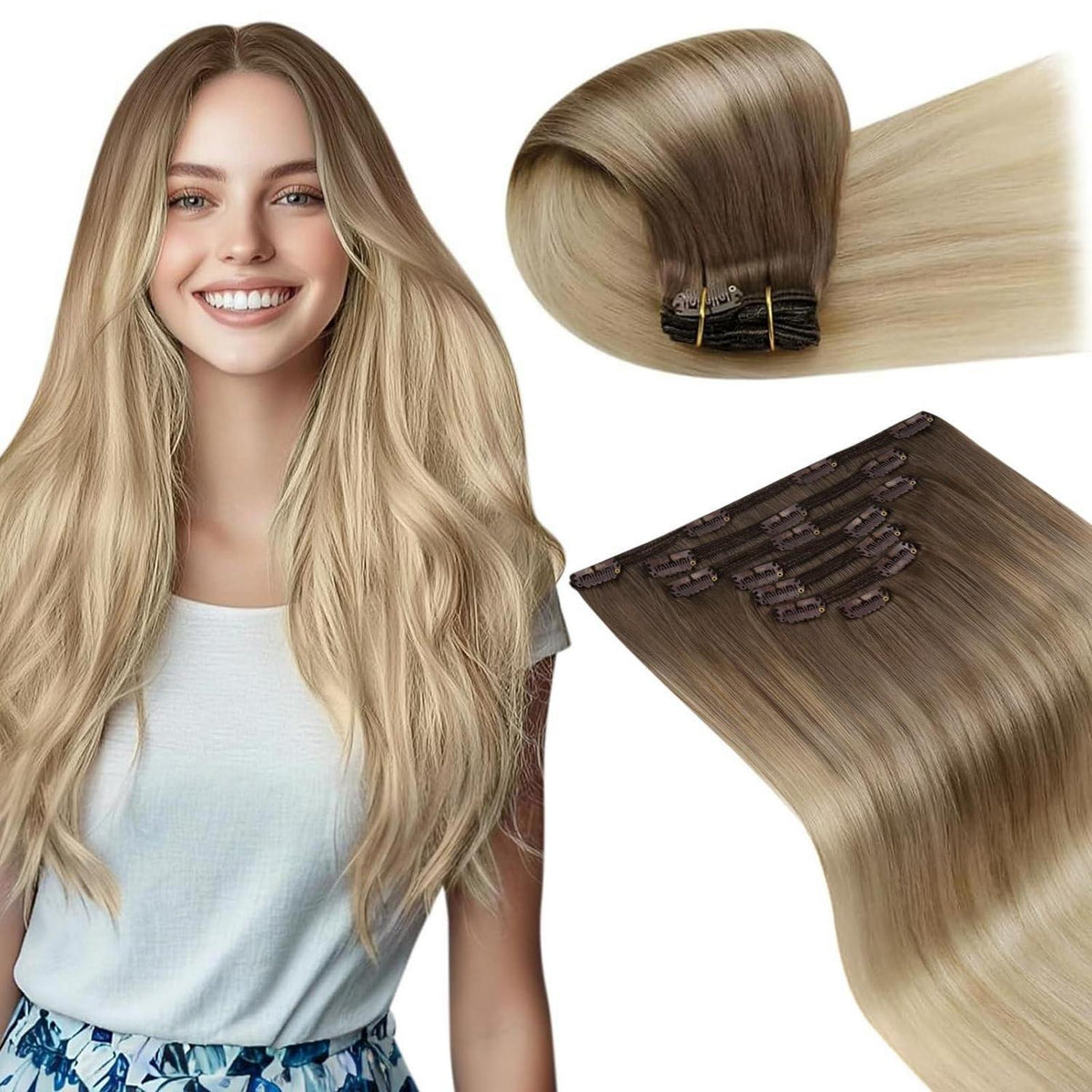 Echthaar Clip-in Extensions Ombre Blond Balayage 55cm
