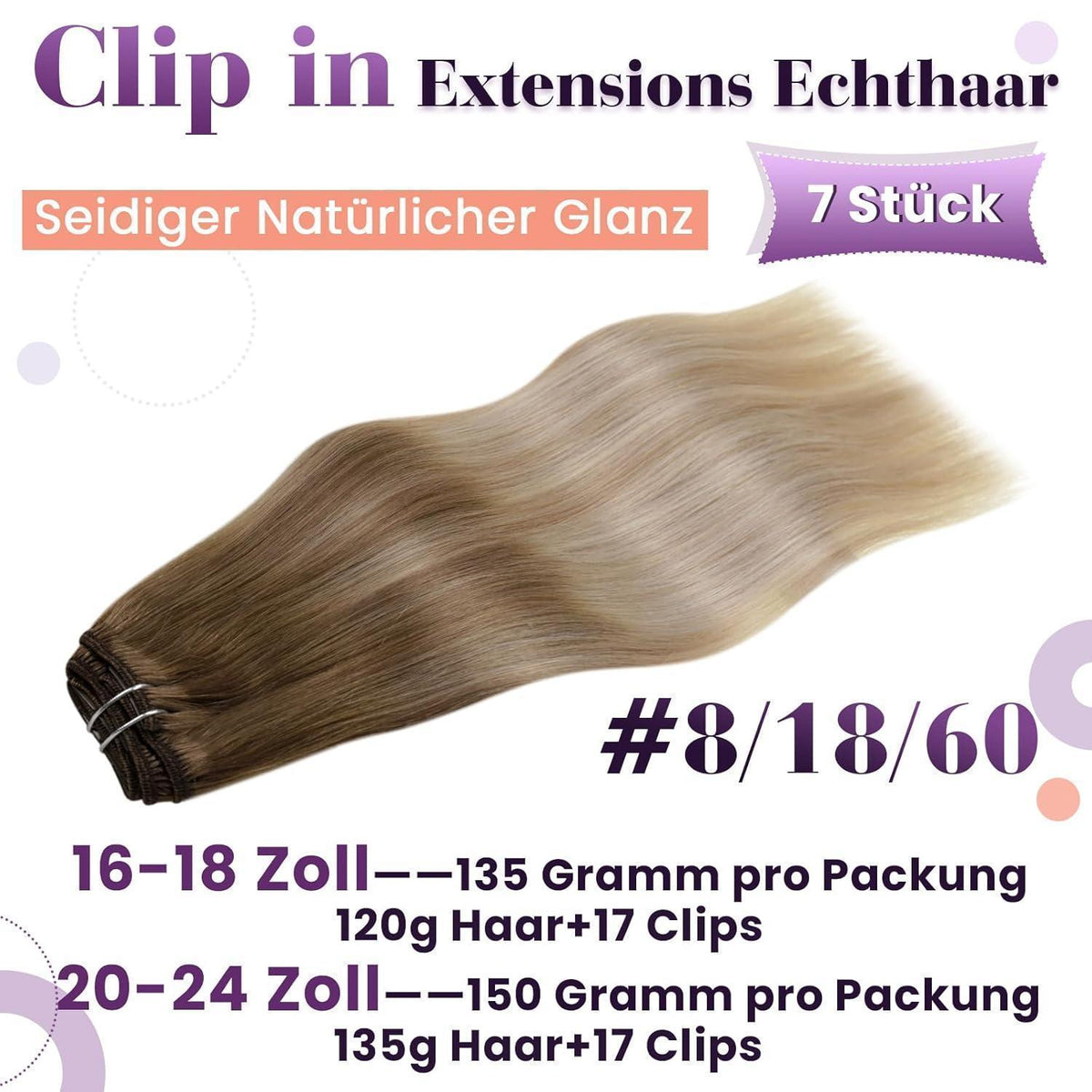 Echthaar Clip-in Extensions Ombre Blond Balayage 55cm