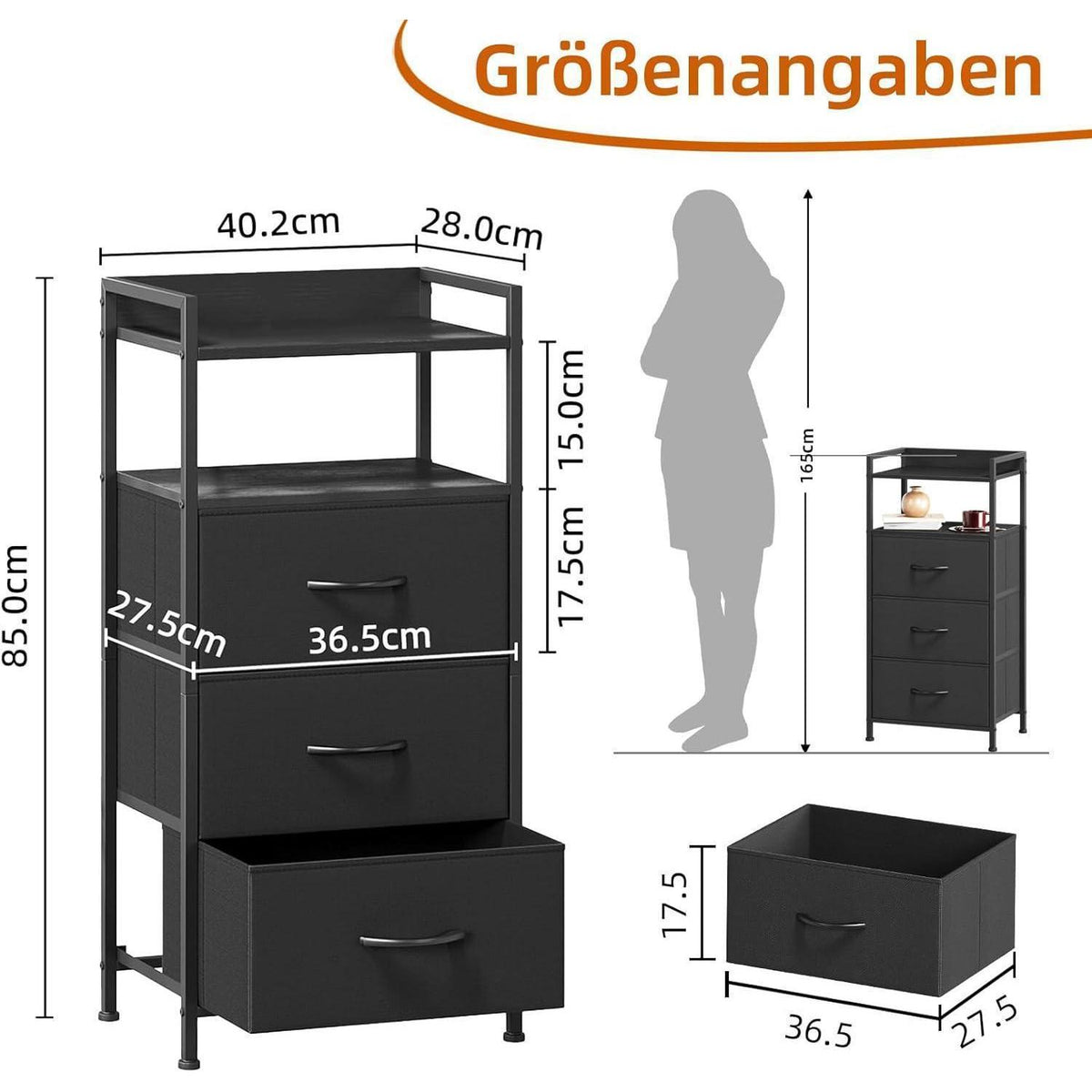 Kommode mit 3 Stoffschubladen – Schwarz, 85cm hoch