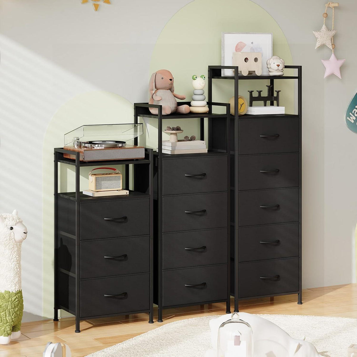 Kommode mit 3 Stoffschubladen – Schwarz, 85cm hoch