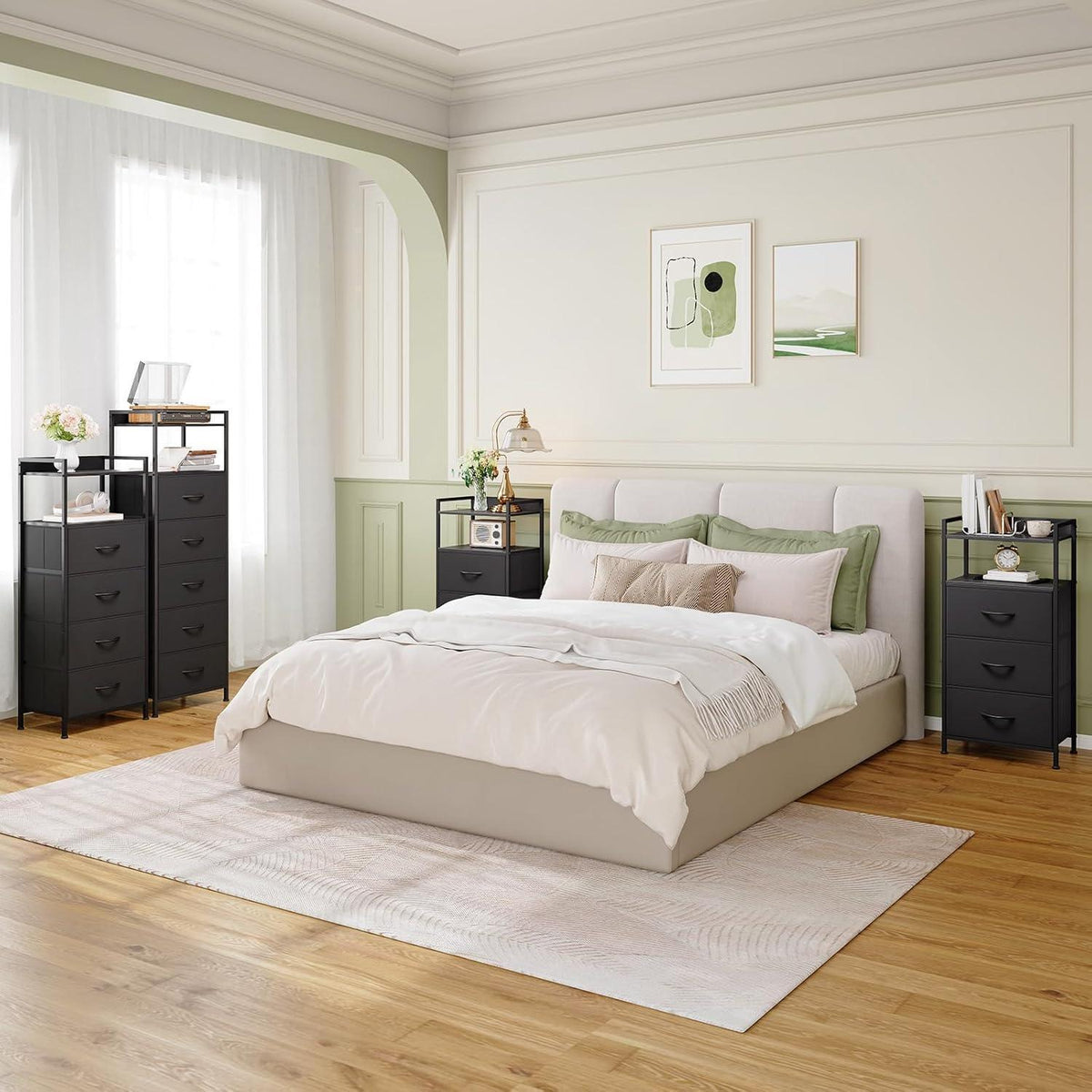 Kommode mit 4 Stoffschubladen – Schwarz, 106cm hoch