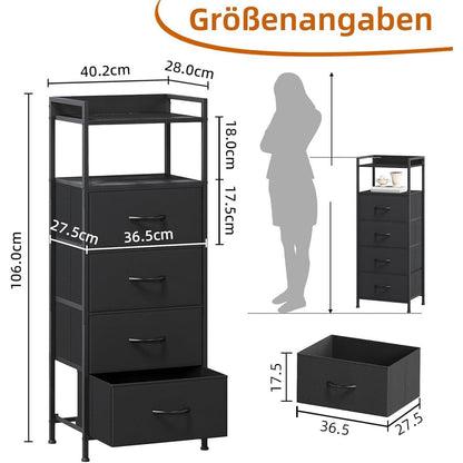 Kommode mit 4 Stoffschubladen – Schwarz, 106cm hoch