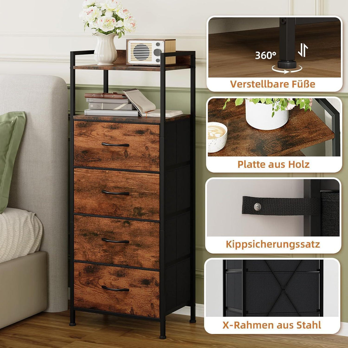 Somdot Kommode mit 4 Stoffschubladen – Schlafzimmer & Wohnzimmer