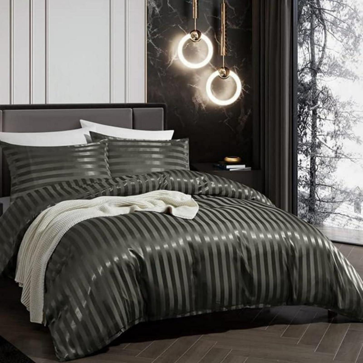 Satin Bettwäsche Set 135x200cm Grau Gestreift 4-teilig