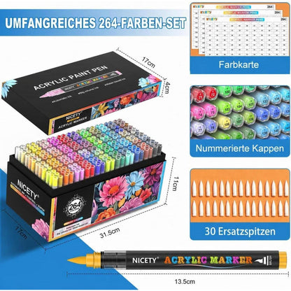 Acrylstifte Set 264 Farben – Pinselspitze für Steine, Holz & mehr