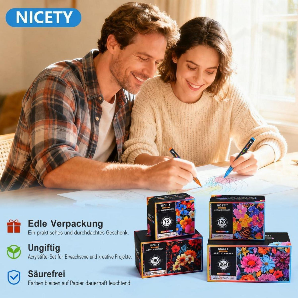 Acrylstifte Set 264 Farben – Pinselspitze für Steine, Holz & mehr