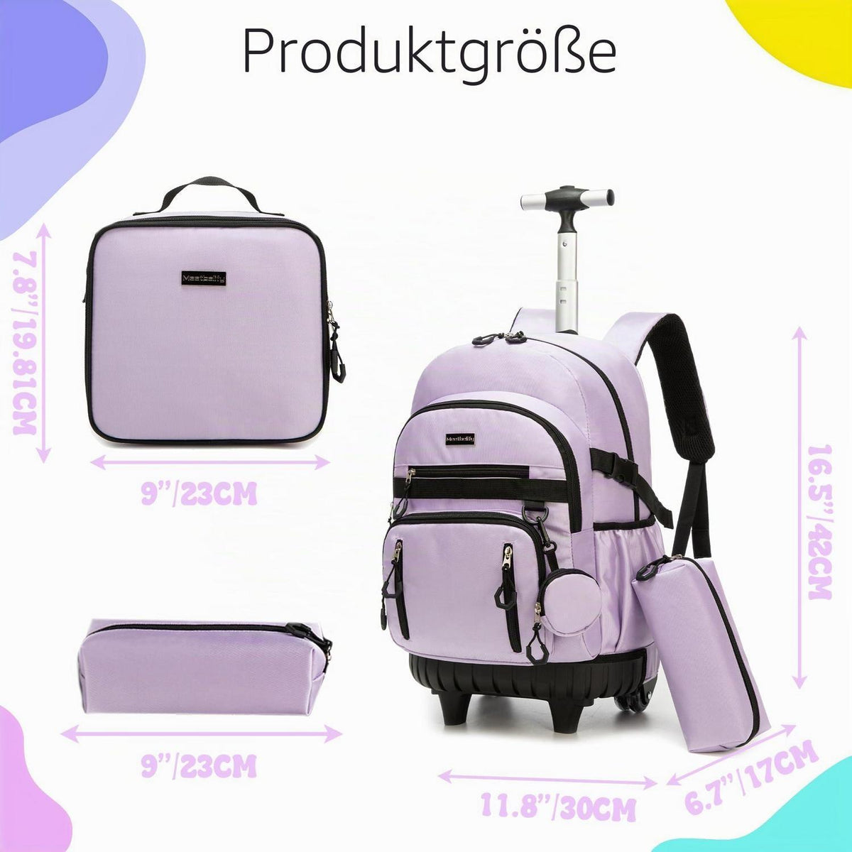 Schultrolley Rucksack Mädchen Lila mit Rollen & Lunchbox