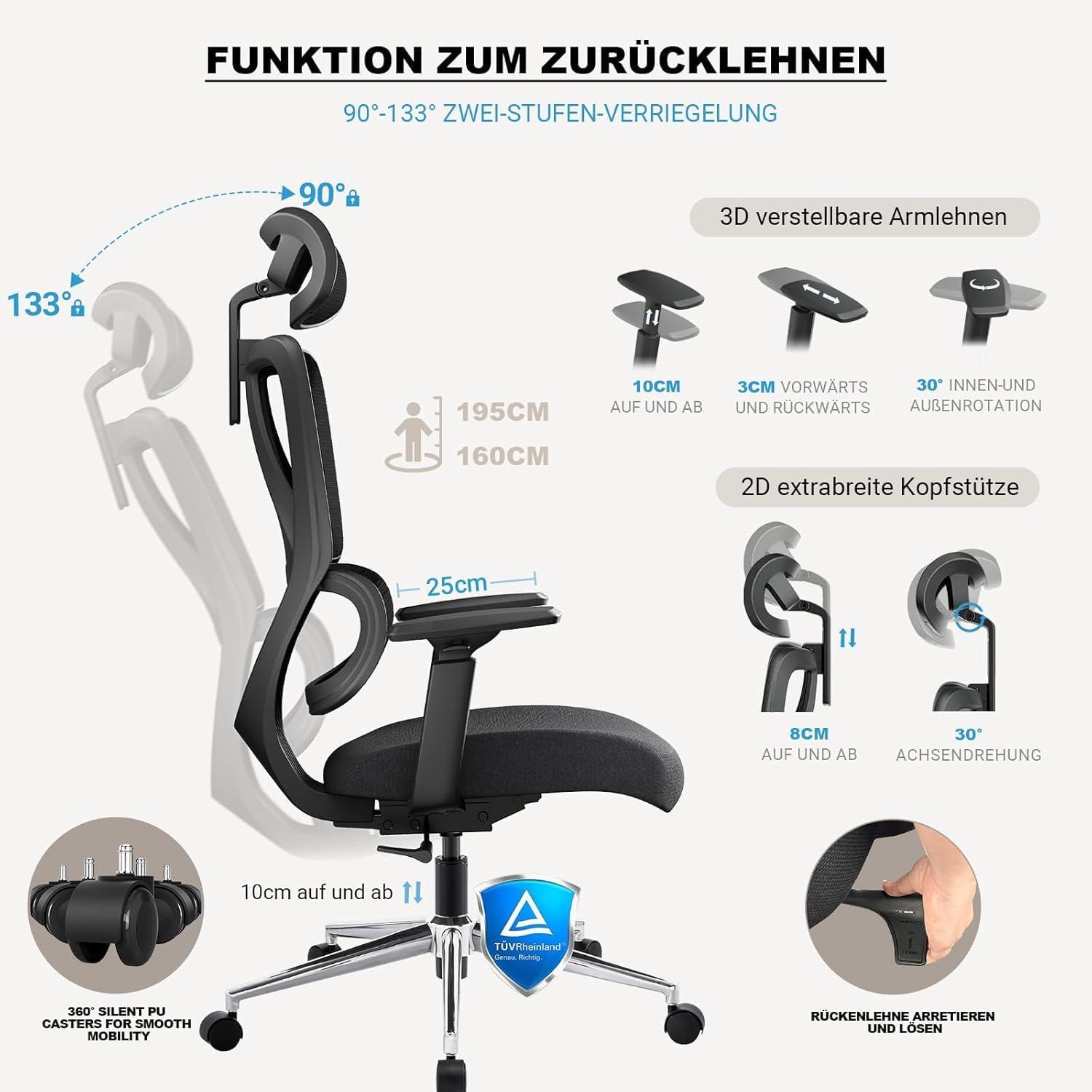 Ergonomischer Bürostuhl mit Lordosenstütze und Kopfstütze, 150kg, EN 1335