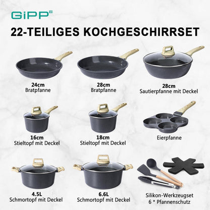 22-teiliges Antihaft Kochgeschirr Set aus Keramik – Grau