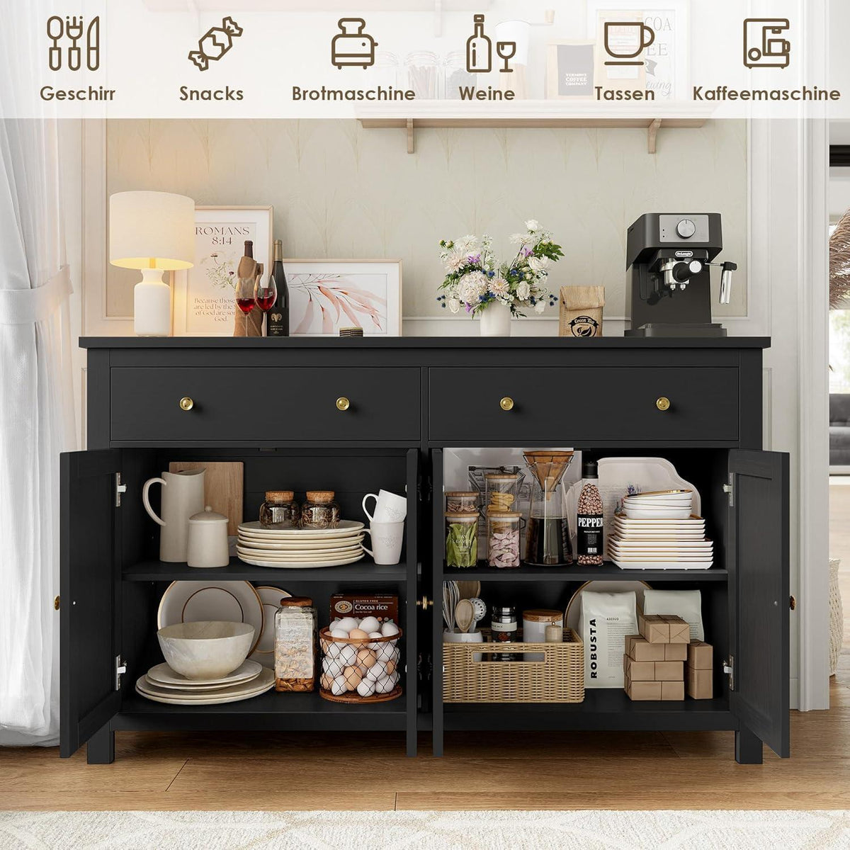 Schwarzes Sideboard 140cm – Küchenbuffet mit Schubladen & Ablagen