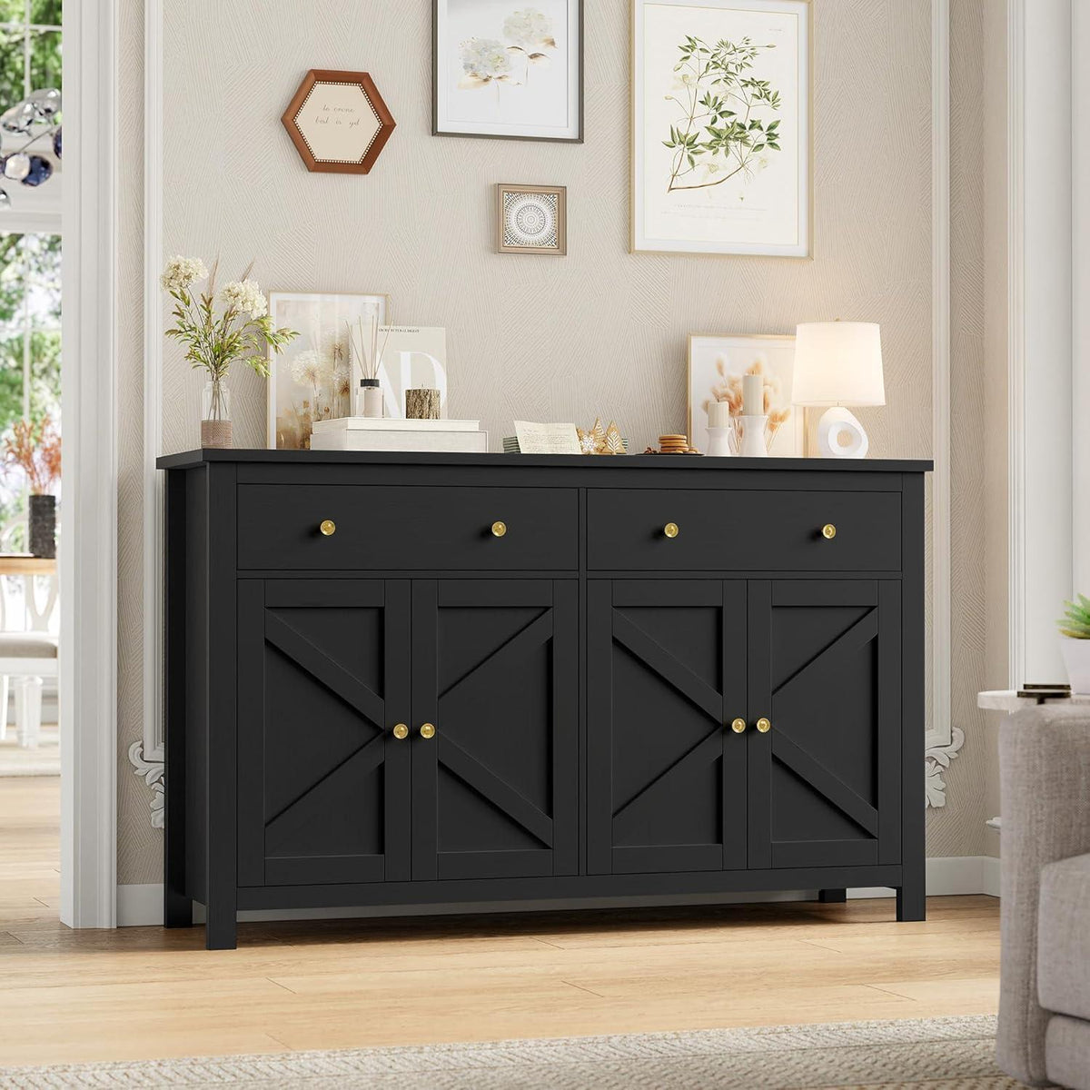Schwarzes Sideboard 140cm – Küchenbuffet mit Schubladen & Ablagen