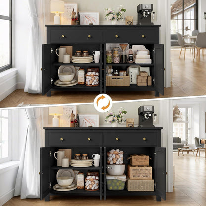 Schwarzes Sideboard 140cm – Küchenbuffet mit Schubladen & Ablagen