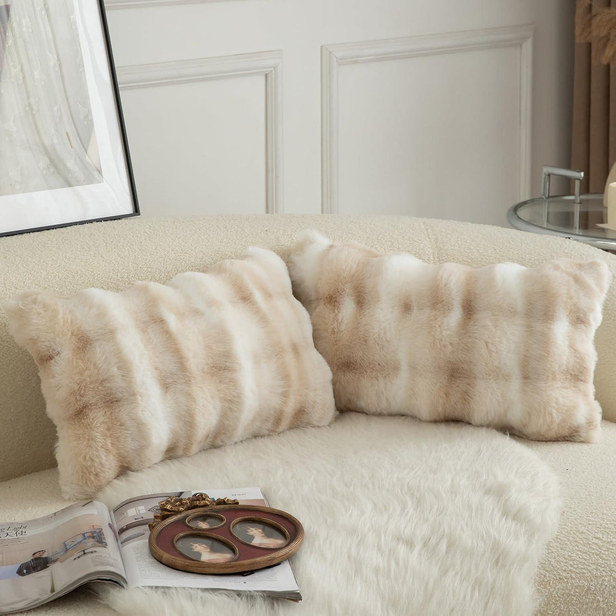 2x Luxus Kissenbezug Wolle 30x50cm - Weiß & Beige