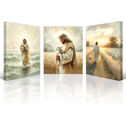 3-teiliges Leinwandbild Jesus mit Lamm - Religiöse Wandkunst 30x40 cm