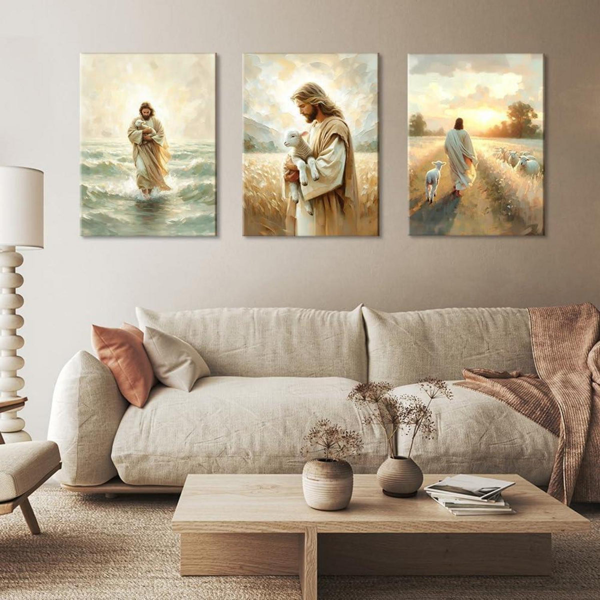 3-teiliges Leinwandbild Jesus mit Lamm - Religiöse Wandkunst 30x40 cm