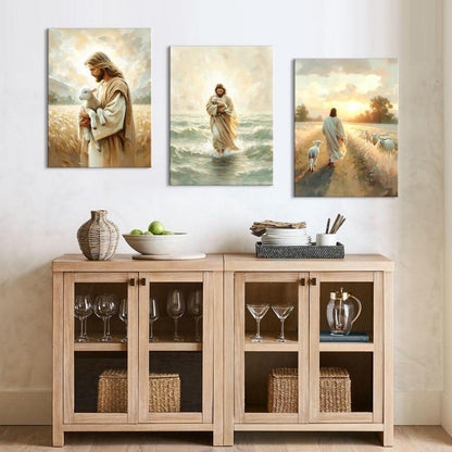 3-teiliges Leinwandbild Jesus mit Lamm - Religiöse Wandkunst 30x40 cm