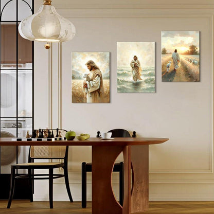 3-teiliges Leinwandbild Jesus mit Lamm - Religiöse Wandkunst 30x40 cm